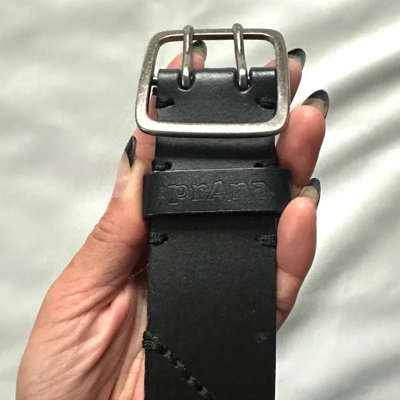 PRANA BLACK LEATHER STITCHED BELT STITCHED SILVER SQUARE BUCKLE SIZE-mens M - Picture 3 of 9
